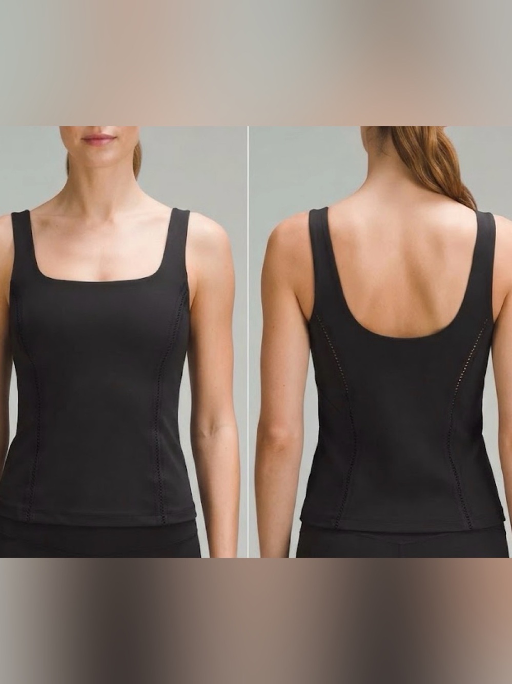 Lululemon Black Square Neck Tank Top Built-In Bra Laser-Cut Perforated Seams Siz